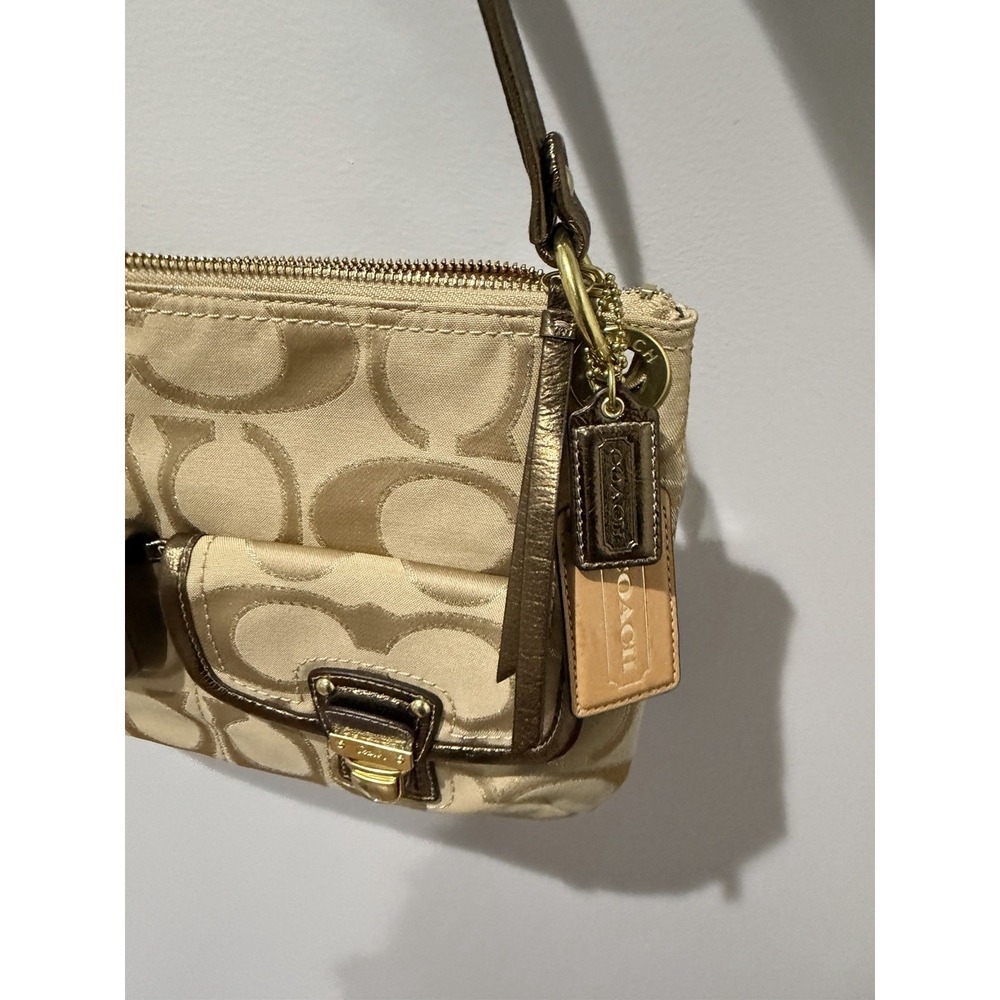 Coach Gold Tan Brown Poppy Signature Sateen Shoulder Bag 18980 Purse F - Picture 6 of 11